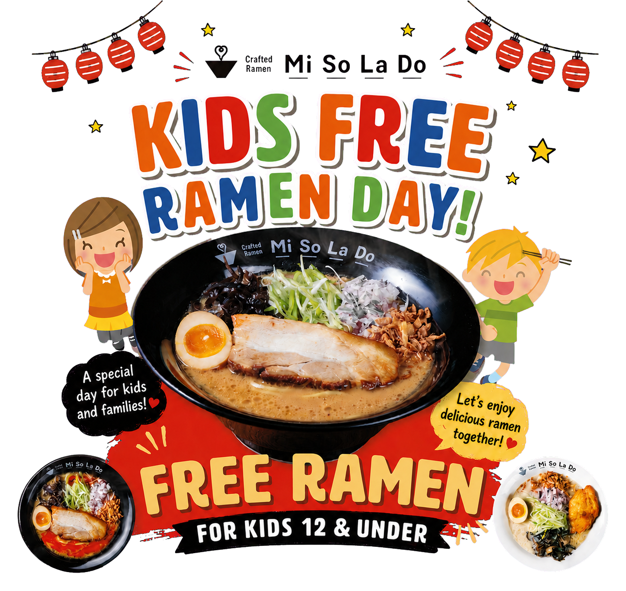 Kids Free Ramen Day with a bowl of ramen and cheerful children
